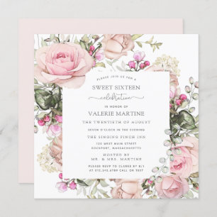 Elegant Blush Pink Rose Floral Sweet 16 Party Invitation