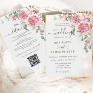 Elegant Blush Pink Rose Floral Wedding Details QR  Invitation