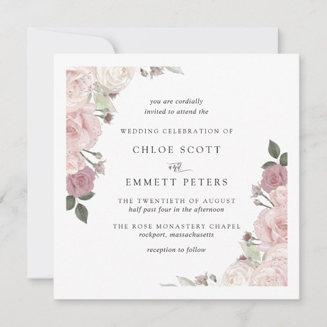 Elegant Blush Pink Rose Floral Wedding Invitation (Front)