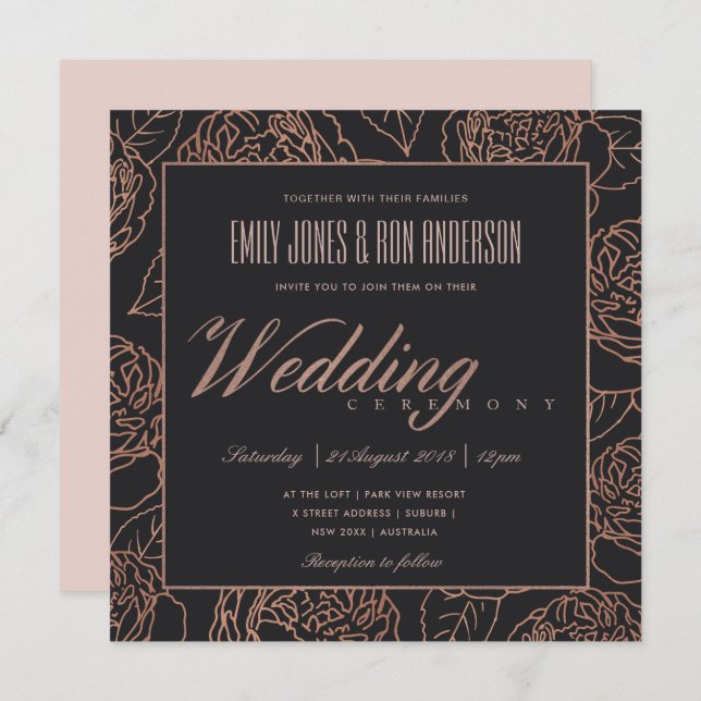 ELEGANT BLUSH PINK ROSE GOLD BLACK FLORAL WEDDING INVITATION (Front/Back)