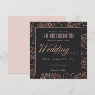 ELEGANT BLUSH PINK ROSE GOLD BLACK FLORAL WEDDING INVITATION