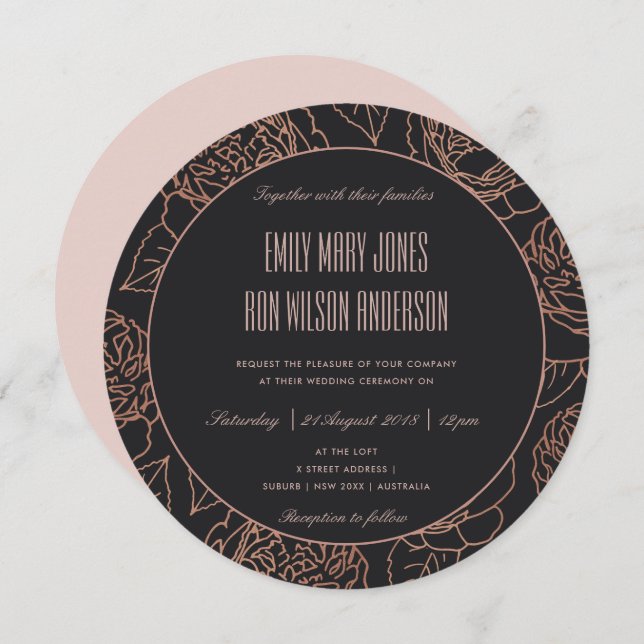 ELEGANT BLUSH PINK ROSE GOLD BLACK FLORAL WEDDING INVITATION (Front/Back)