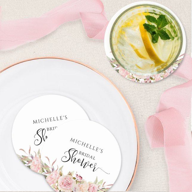 Elegant Blush Pink Rose Gold Bridal/Baby Shower Round Paper Coaster (Creator Uploaded)