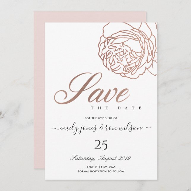 ELEGANT BLUSH PINK ROSE GOLD FLORAL SAVE THE DATE INVITATION (Front/Back)