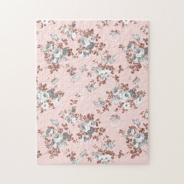 Elegant blush pink rose gold glitter grey floral jigsaw puzzle (Vertical)