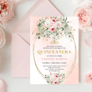 Elegant Blush Pink Rose Gold Quinceañera Invite