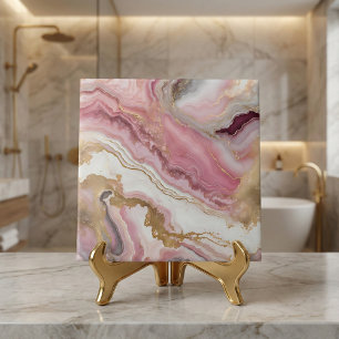 Elegant Blush Pink Rose Gold & White Agate Marble Ceramic Tile