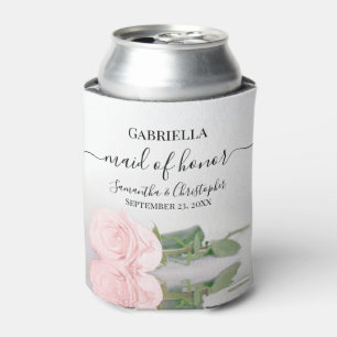 Elegant Blush Pink Rose Maid of Honor Wedding Can Cooler