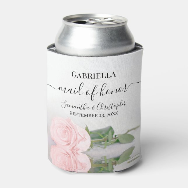 Elegant Blush Pink Rose Maid of Honour Wedding Can Cooler (Can Front)