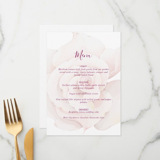 Elegant Blush Pink Rose Watercolor Floral Wedding Menu (Front/Back In Situ)