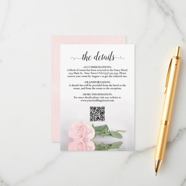 Elegant Blush Pink Rose Wedding Details QR Code Enclosure Card (Front/Back In Situ)
