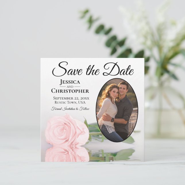 Elegant Blush Pink Rose with Oval Photo Wedding Save The Date (Standing Front)
