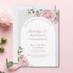 Elegant Blush Pink Roses 75th Birthday Party  Invitation