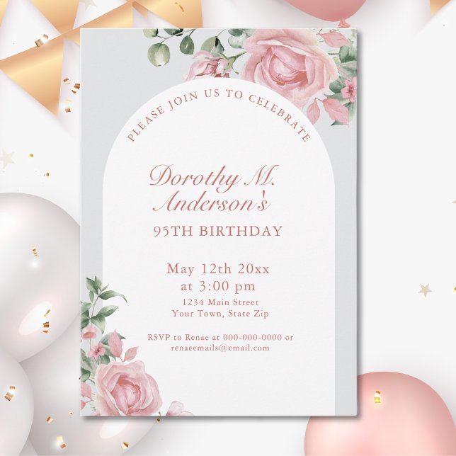 Elegant Blush Pink Roses 95th Birthday Party  Invitation (Creator Uploaded)
