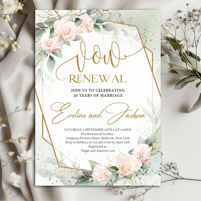 Elegant blush pink roses and greenery vow renewal invitation (Elegant pale pink delicate roses vow renewal invitation digital)