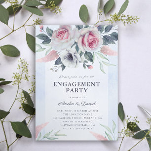 Elegant Blush Pink Roses Blue Engagement Party Invitation