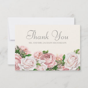 Elegant Blush Pink Roses Cream Wedding Thank You
