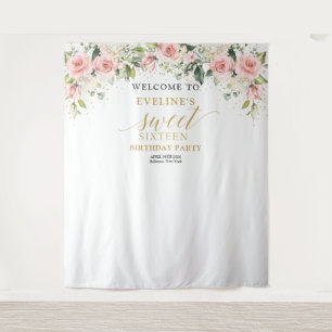Elegant blush pink roses eucalyptus 16th birthday tapestry