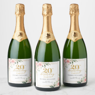 Elegant blush pink roses eucalyptus 20 birthday sparkling wine label