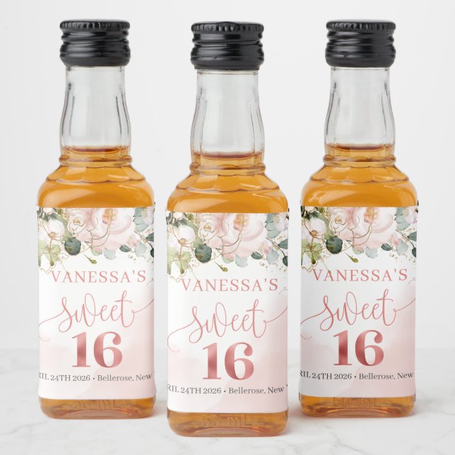 Elegant blush pink roses eucalyptus gold sixteen liquor bottle label (Bottles)