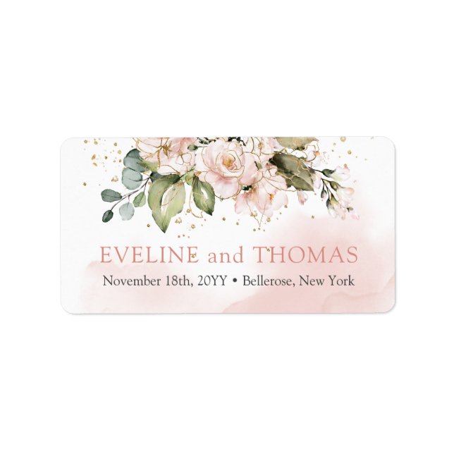 Elegant blush pink roses eucalyptus gold sparkles label (Front)