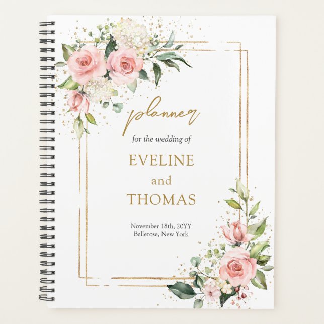 Elegant blush pink roses eucalyptus gold wedding planner (Front)