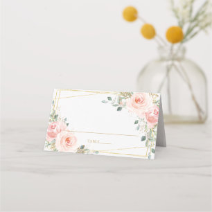 Elegant Blush Pink Roses Floral Gold Geometric Place Card