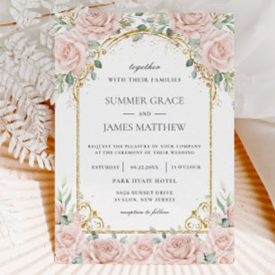 Elegant Blush Pink Roses Floral Gold Wedding Invitation