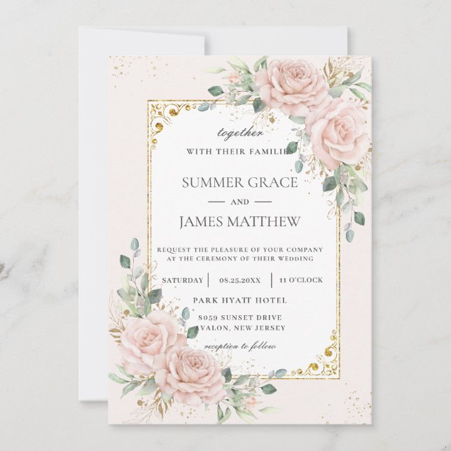 Elegant Blush Pink Roses Floral Greenery Wedding   Invitation (Front)