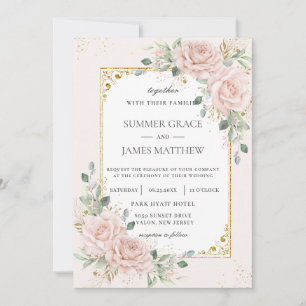 Elegant Blush Pink Roses Floral Greenery Wedding   Invitation