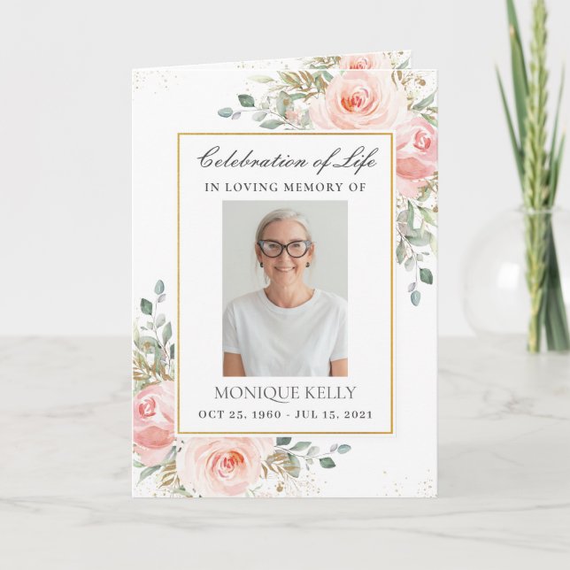 Elegant Blush Pink Roses Floral Photo Funeral   Program (Front)