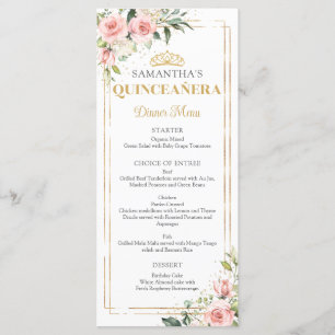 Elegant blush pink roses gold tiara Quinceanera Menu