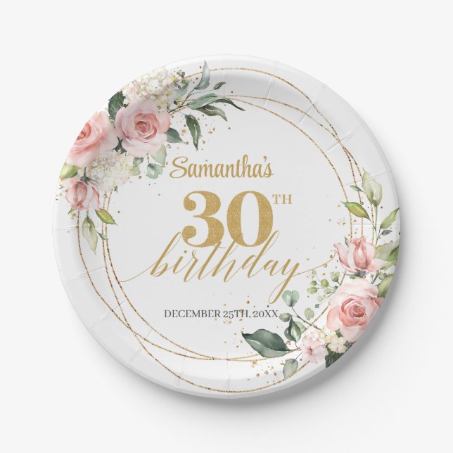 Elegant blush pink roses green gold 30th birthday paper plate (Front)