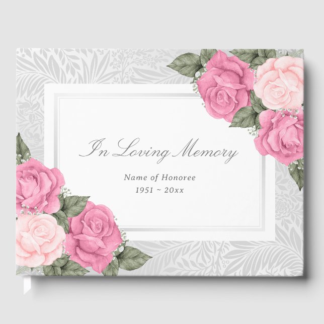 Elegant Blush Pink Roses In Loving Memory Funeral Guest Book (Front)