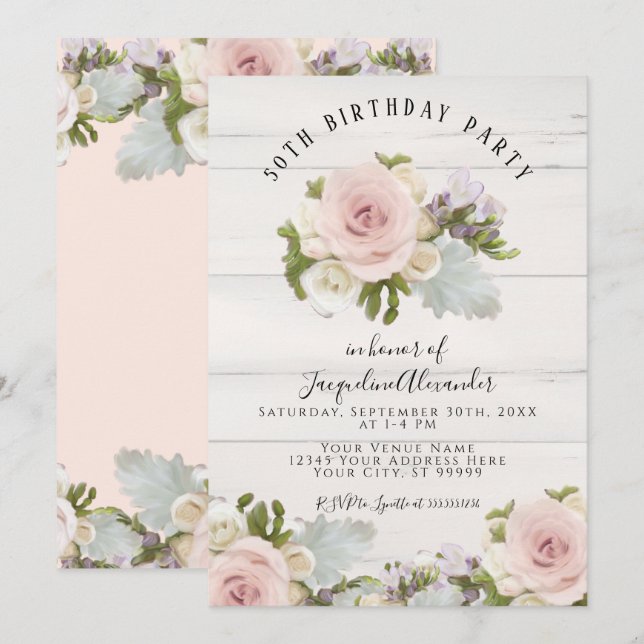 Elegant Blush Pink Roses n Greenery Birthday Party Invitation (Front/Back)