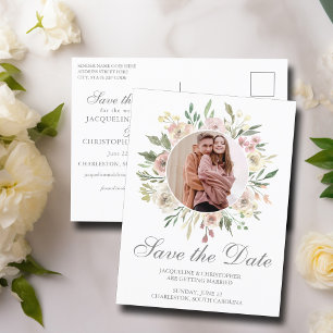 Elegant Blush Pink Sage Floral Photo Save the Date Postcard