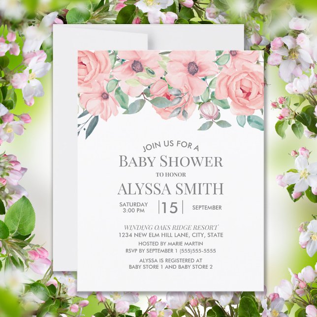 Elegant Blush Pink Sage Green Floral Baby Shower Invitation (Creator Uploaded)