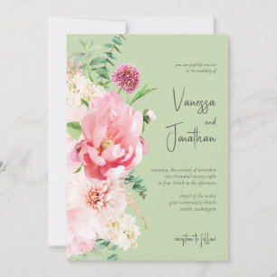 Elegant Blush Pink Sage Green Floral  Invitation