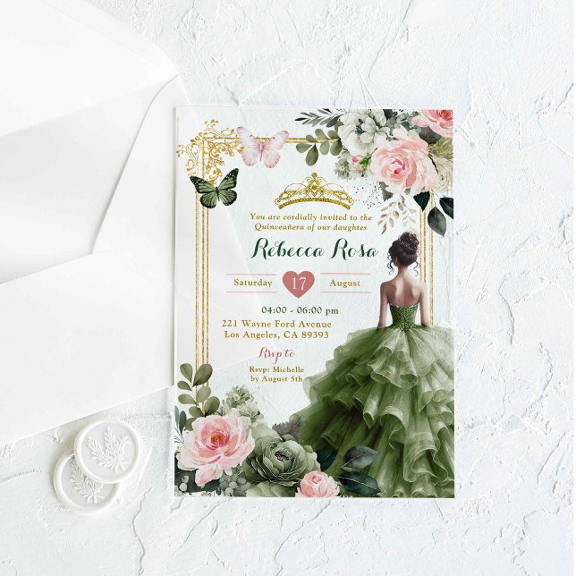 Elegant Blush Pink Sage Green Quinceañera Acrylic Invitations (Creator Uploaded)