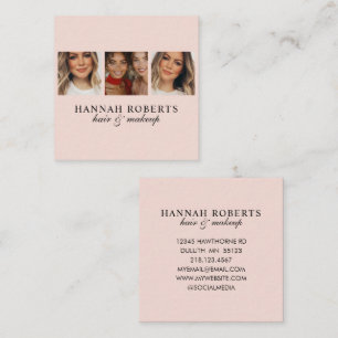Elegant Blush Pink Script 3 Photo Hair Makeup Square Business Card