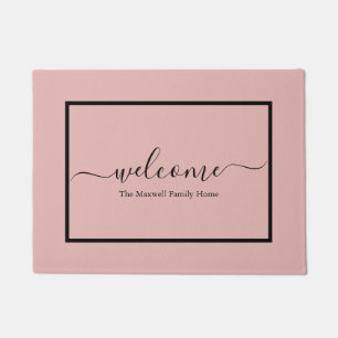 Elegant blush pink script family name welcome    doormat