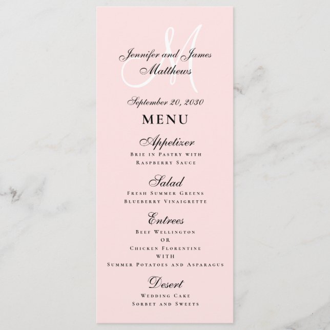 Elegant Blush Pink Script Monogram Wedding Menu (Front)