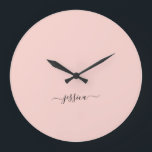 Elegant blush pink script name  large clock<br><div class="desc">Modern wall clock with a girly blush pink design and a hand lettered black script. Personalise with your name.</div>