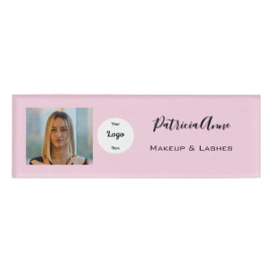 Elegant Blush Pink Script Photo Logo Makeup Name Tag