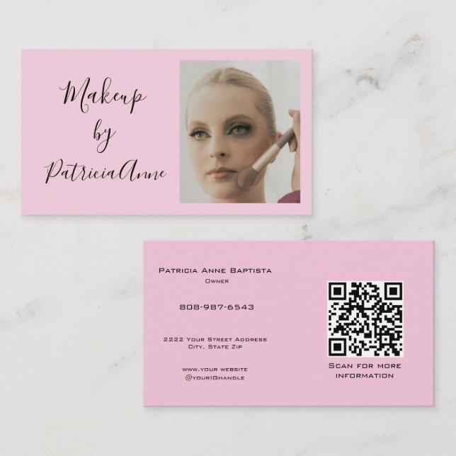 Elegant Blush Pink Script Photo QR Code Makeup Business Card (Front/Back)