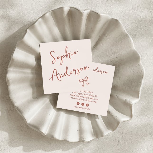 Elegant Blush Pink Script with Bow        Square Business Card (Creator Uploaded)