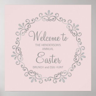 Elegant Blush Pink Silver Easter Brunch Egg Hunt Poster