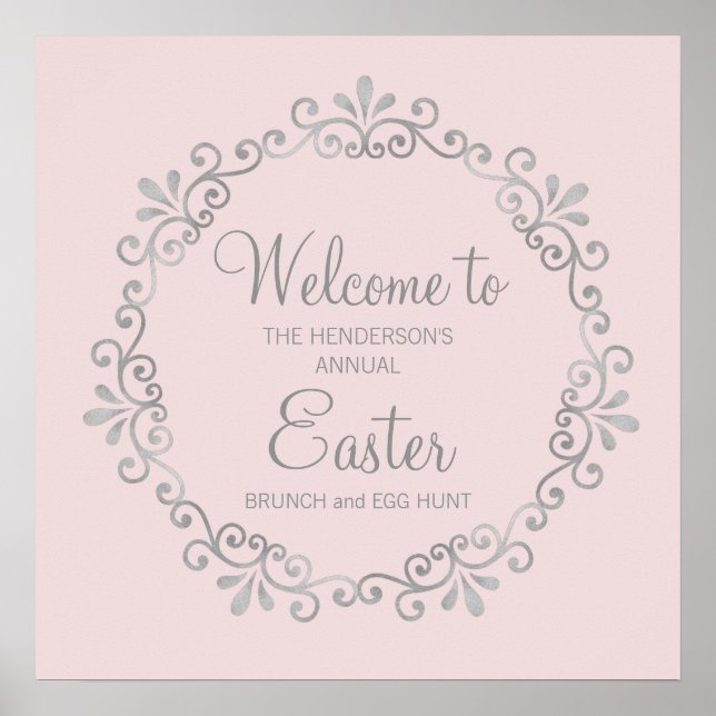 Elegant Blush Pink Silver Easter Brunch Egg Hunt Poster (Front)