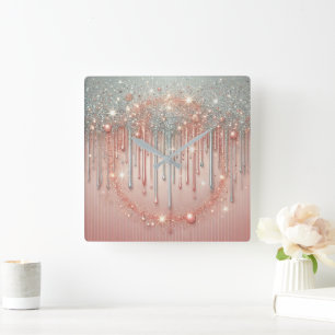 Elegant Blush Pink & Silver Glitter Drip  Square Wall Clock