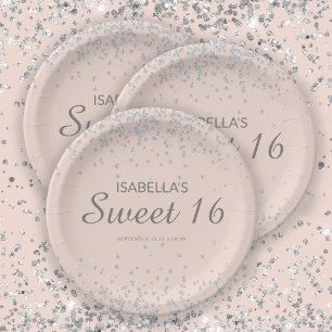 Elegant Blush Pink Silver Glitter Sweet 16 Name  Paper Plate